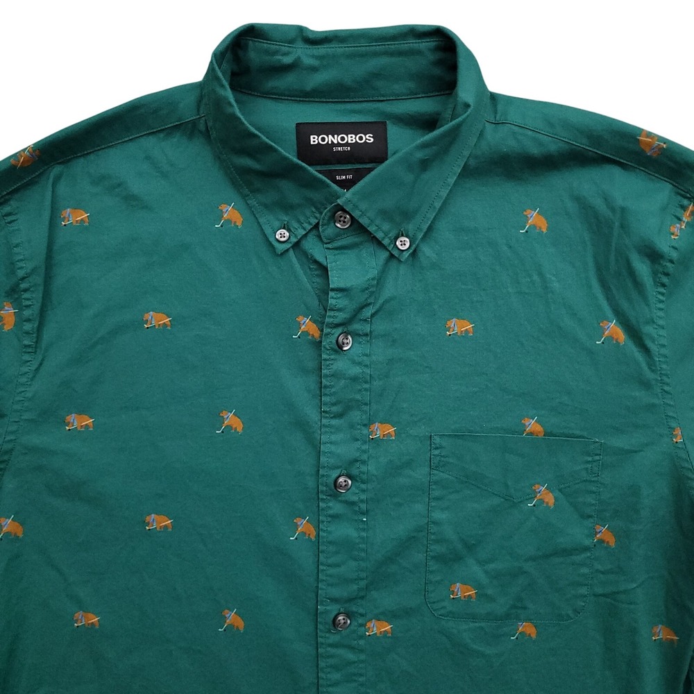 Bonobos Shirt Mens M Green Hockey Bear Novelty Print Green Button Up AOP